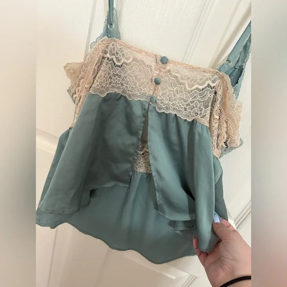 Victoria's Secret Sage Green Satin & Cream Lace Trim Cami Top - Picture 5 of 5
